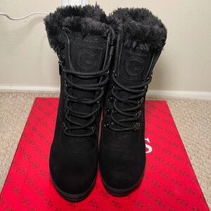 GUESS Black Faux Fur Lace-Up Heeled Winter Boots – New in Box